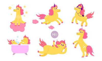 Obraz premium Set of yellow magic unicorns with horns doing casual things vector illustration