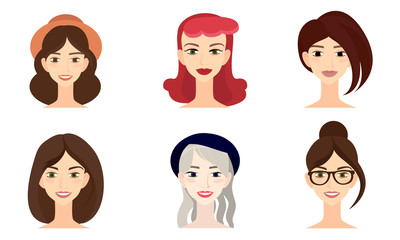 Set of smiling female faces with different hairstyles and hair colors vector illustration