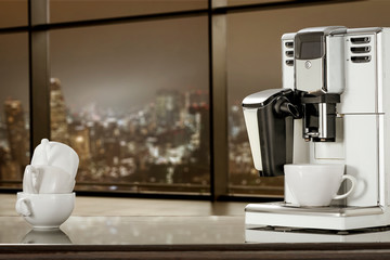 Table background of free space and blurred window 