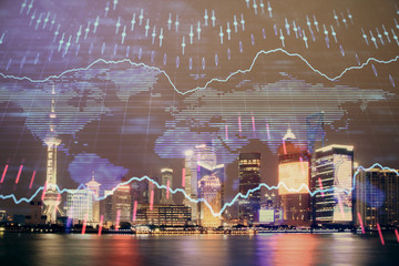 Financial graph on night city scape with tall buildings background double exposure. Analysis concept.