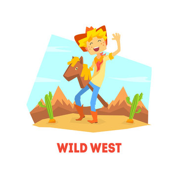 Wild West, Funny Cowboy Character Riding Stick Horse in Desert Landscape Vector illustration