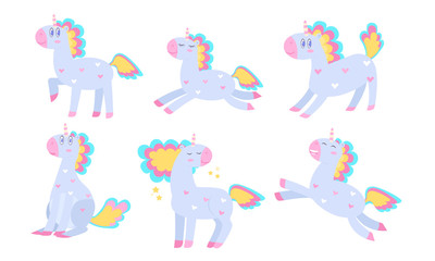 Set of colorful magic happy unicorns over white background vector illustration