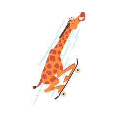 Giraffe Skateboarding, Funny Crazy African Animal Cartoon Character Vector Illustration