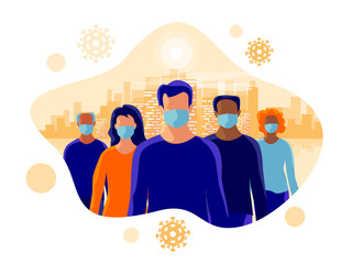 Group of people wearing protection medical face mask to protect and prevent virus, disease, flu, air pollution, contamination. Old man woman standing. Isolated vector illustration with city skyline.