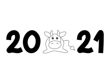Holiday banner. Symbol 2021. Coloring Book for kids with bull and text. New Year and Christmas vector illustration. Adorable character for tour design. Cute cow. 