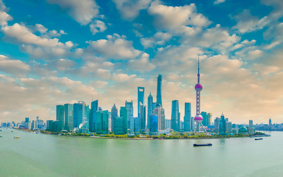 The city scenery along the Huangpu River in Shanghai, China
