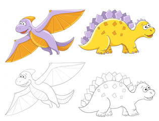 Coloring book for children with example Cute childish cartoon colorful colorless dinosaur dino blue green orange yellow pink coral girl boy funny isolated on white background