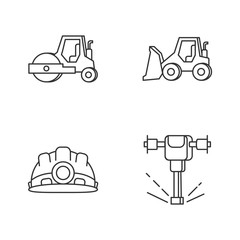 Road works pixel perfect linear icons set. Bulldozer for construction work. Roller for paving. Customizable thin line contour symbols. Isolated vector outline illustrations. Editable stroke