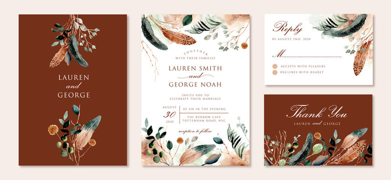 wedding invitation set with rustic feather and foliage watercolor