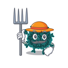 Cartoon character design of herdecovirus as a Farmer with hat and pitchfork