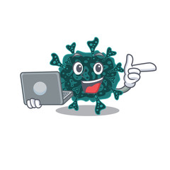 Cartoon character of herdecovirus clever student studying with a laptop