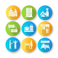 Airport terminal flat design long shadow glyph icons set. Kiosk for flight tickets. Luggage on conveyor. Passage to airplane gate. Body scan. Changing baby table. Silhouette RGB color illustration