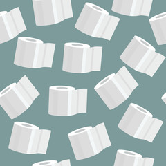 Seamless pattern of toilet paper in different positions on a green background. Vector image of toilet paper. Pattern with the image of white toilet paper.