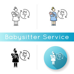 Full time babysitter icon. 24 7 looking after newborn kid. Babysitting services during full day. Around clock help with kid. Linear black and RGB color styles. Isolated vector illustrations
