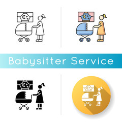 Night time nanny icon. Mother with baby in stroller. Mom look for sleeping kid. Parenthood and motherhood. Child care. Linear black and RGB color styles. Isolated vector illustrations