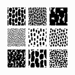 Set of monochrome, black seamless textures, patterns, backgrounds. Simple spots, dots, stains
