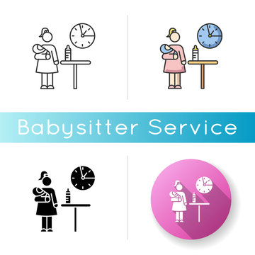 Part Time Babysitter Icon. Babysitting Service Worker. Girl Looking After Baby. Day Child Care. Help With Infant Kid. Linear Black And RGB Color Styles. Isolated Vector Illustrations