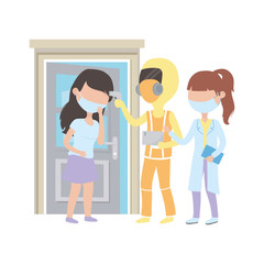 covid 19 coronavirus pandemic, physician with protective suit and woman with mask