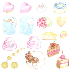 Watercolor set of desserts: cakes, pastries, pieces of cakes, decorations. Perfect for printing, textile design, souvenir products, web sites, personal blogs and many other creative ideas.