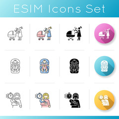 Fototapeta premium Babysitting services icons set. Woman with rattle toy. Mother with baby stroller. Newborn kid in car seat. Maternity leave.Linear, black and RGB color styles. Isolated vector illustrations
