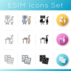 Babysitting services icons set. Mom look for sleeping kid. Instant photos of child. Mother changing diaper for baby. Newborn kid care. Linear, black and RGB color styles. Isolated vector illustrations
