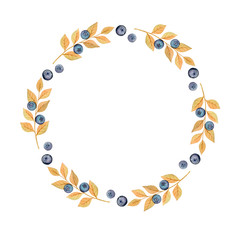 Round frame of autumn blueberry branches isolated on white background. Watercolor ripe berries and golden leaves. Hand painted illustration for postcard, invitation, save the date, poster design