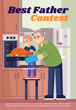 Best father contest poster template. Commercial flyer design with semi flat illustration. Vector cartoon promo card. Family cooking, preparing dinner together, baking turkey advertising invitation