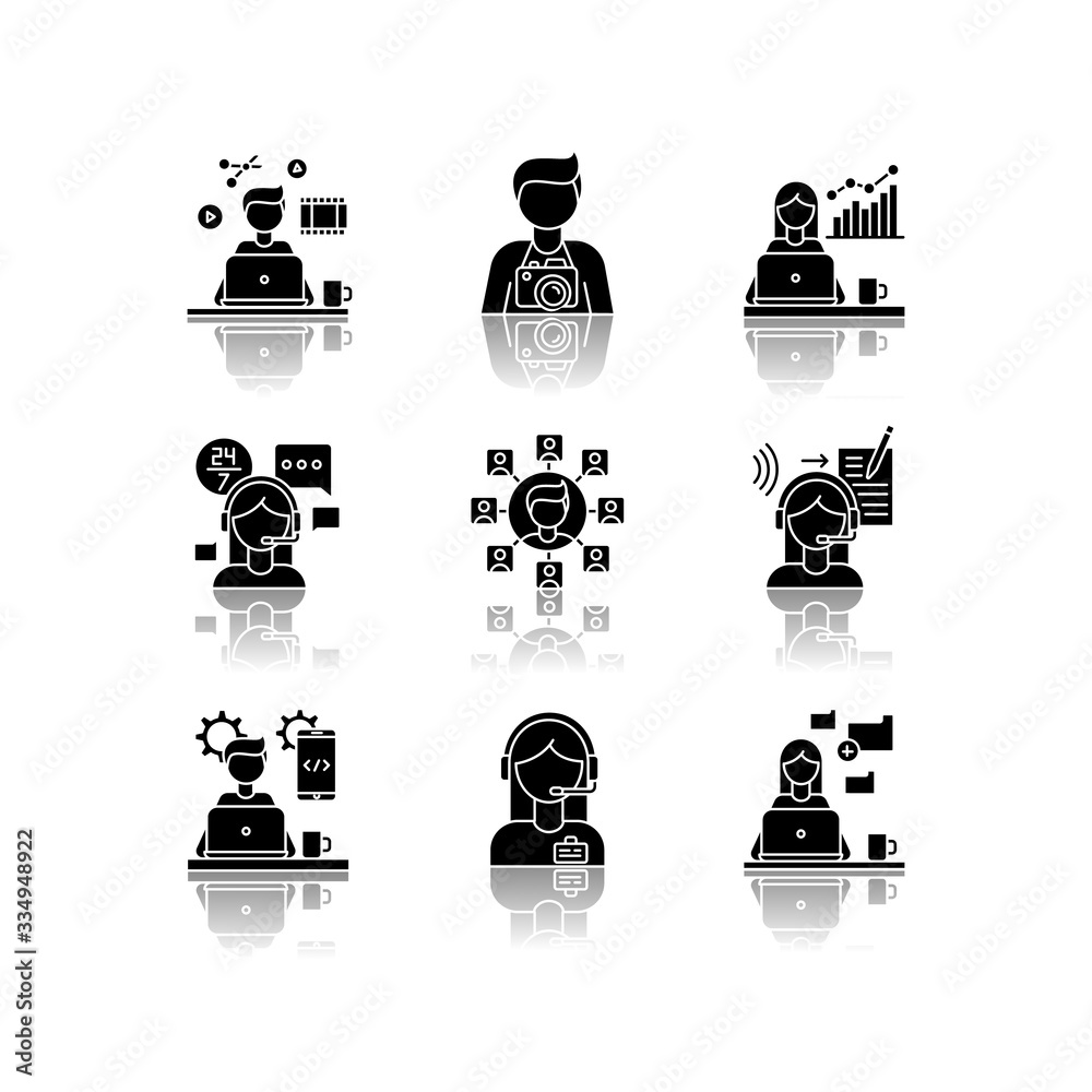 Sticker Remote jobs drop shadow black glyph icons set. Technical and admin support, SEO and marketing. Photography and video editing, data entry jobs. Isolated vector illustrations on white space