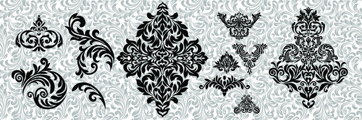 Damask wallpaper.  vector background. Black and white texture. Floral ornament