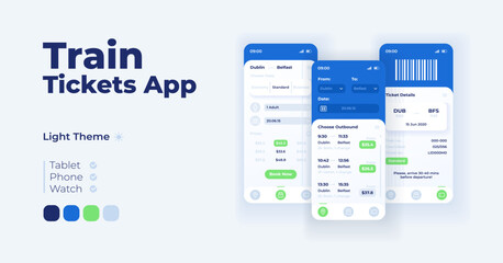 Train tickets app cartoon smartphone interface vector templates set. Mobile app screen page day mode design. Searching menu and trip details UI for application. Phone display with flat character