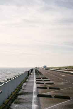 The Afsluitdijk in The Netherlands, cutting off the North Sea and connecting Friesland and North Holland.