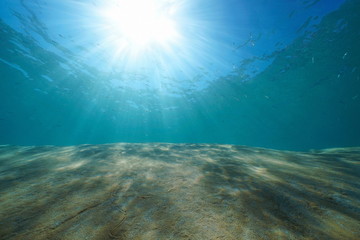 Sunshine underwater through water surface with sandy seabed and small fish, natural scene, Mediterranean sea