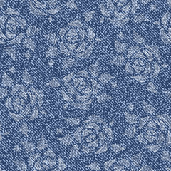 Vector Rose flower. Denim floral background. Jeans background with flowers. Denim seamless pattern. Blue jeans cloth. Roses.