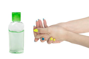 women's hands and antiseptic gel, concept of antibacterial and viral disinfection