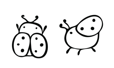 Ladybug, ant, snail, caterpillar, dragonfly, spider. Seth are thick, small, simple insects in a doodle style. Line insect. Print for children's coloring, print for clothes, t-shirts, cups, postcard. B