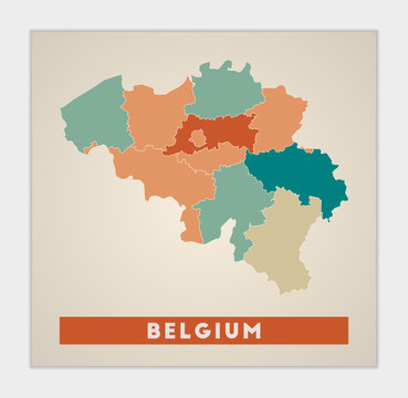 Belgium poster. Map of the country with colorful regions. Shape of Belgium with country name. Stylish vector illustration.