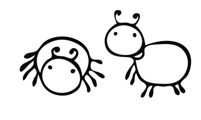 Ladybug, ant, snail, caterpillar, dragonfly, spider. Seth are thick, small, simple insects in a doodle style. Line insect. Print for children's coloring, print for clothes, t-shirts, cups, postcard. B