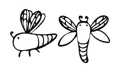 Ladybug, ant, snail, caterpillar, dragonfly, spider. Seth are thick, small, simple insects in a doodle style. Line insect. Print for children's coloring, print for clothes, t-shirts, cups, postcard. B