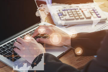 Business man presenting on open laptop at work office