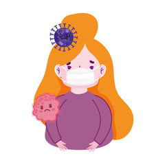 young woman cartoon with medical mask warning covid 19 coronavirus pandemic