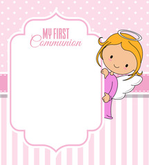 Communion or baptism card. Angel with frame. Space for text