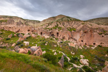 The abandoned rock carved village of Zelve, Zelve open air museum, Cappadocia, Turkey