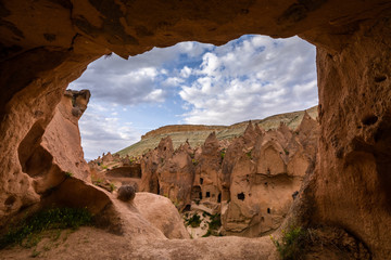 The abandoned rock carved village of Zelve, Zelve open air museum, Cappadocia, Turkey