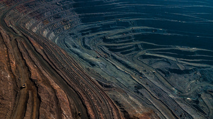 Aerial view of the Iron ore mining, Panorama of an open-cast mine extracting