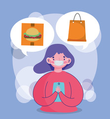 woman with smartphone order food and merchandise ecommerce online shopping covid 19 coronavirus