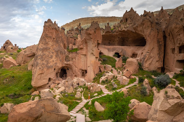 The abandoned rock carved village of Zelve, Zelve open air museum, Cappadocia, Turkey