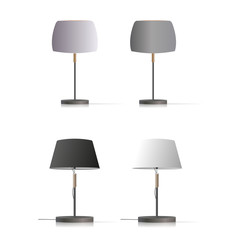 Set of decorative table lamps. Original model with a silk lampshade and a metal leg. For living room, bedroom, study and office. Vector illustration on a white background.