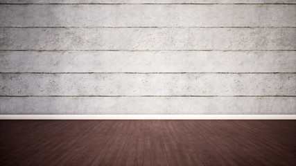 Concept or conceptual vintage or grungy brown background of natural wood or wooden old texture floor and concrete wall for contrast. A 3d illustration metaphor for time, material, solitude or rust
