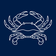 Crab in white color. Blue Crab on navy blue background. Vector logo design, symbol or icon in simple flat style. Linear drawing of a crab. Vector illustration.