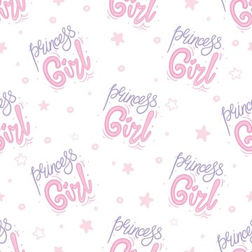 Girlish seamless pattern with hearts, text, stars, arrows. Cool super girls, go, power, lettering. Print design for children's clothes. Typography design. Woman motivational slogan. Feminism quote.
